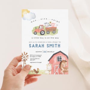 Boy Farm Baby Shower Invitation, Editable Farm Baby Shower Invite Invite, Farm Animals Boy Baby Shower Invitation, Printable Template 2546