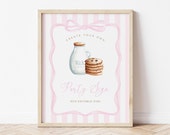 Milk and Cookies Party Custom Sign, Editable Pink Bow and Stripes Birthday Table Sign with Milk and Cookies, 2743