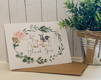 Greenery Farm Baby Shower Thank You Card, Farm Animals and Greenery, Birthday Party Thank You Card, Printed Set of 12 w/ Envelopes 2073