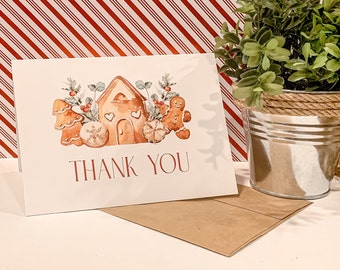 Christmas Gingerbread Cookie Thank You Cards with Greenery | Set of 12 Baby Shower Holiday Note Cards with Envelopes | 2568