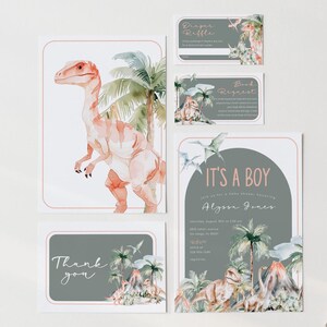 Conjunto de convite para chá de bebê de dinossauro moderno, convite para chá de bebê Boy Dino com inserções e cartão de agradecimento, 2760