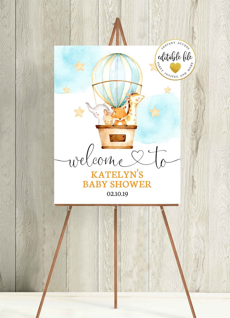 Hot Air Balloon Baby Shower Welcome Sign Editable Printable Up And Away Animals Instant Digital 1075