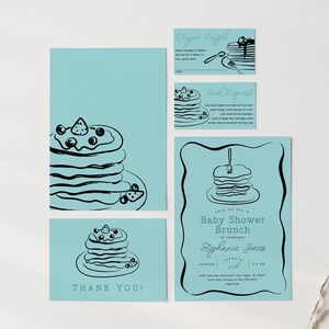 Invitation brunch baby shower avec crêpes dessinées à la main et ensemble de cadre noeud, invitation baby shower garçon et inserts, carte de remerciement, 2795