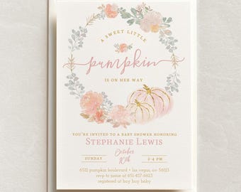 May include: A baby shower invitation featuring a watercolour illustration of a wreath of flowers and pumpkins. The text reads "A sweet little pumpkin is on her way." The invitation is for Stephanie Lewis and includes the date, time, and location of the shower.