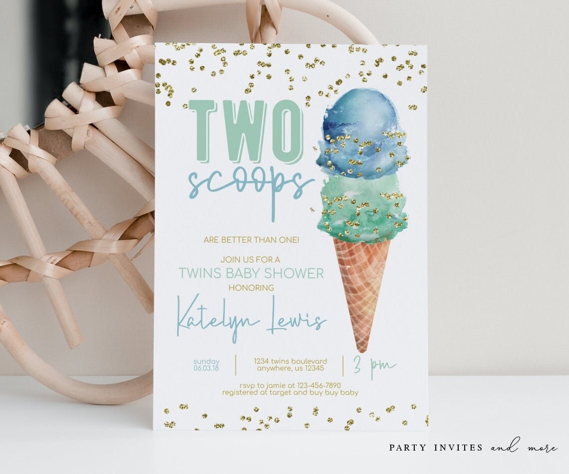 Editable Double the Scoops Twin Birthday Ice Cream Invitation -   Portugal