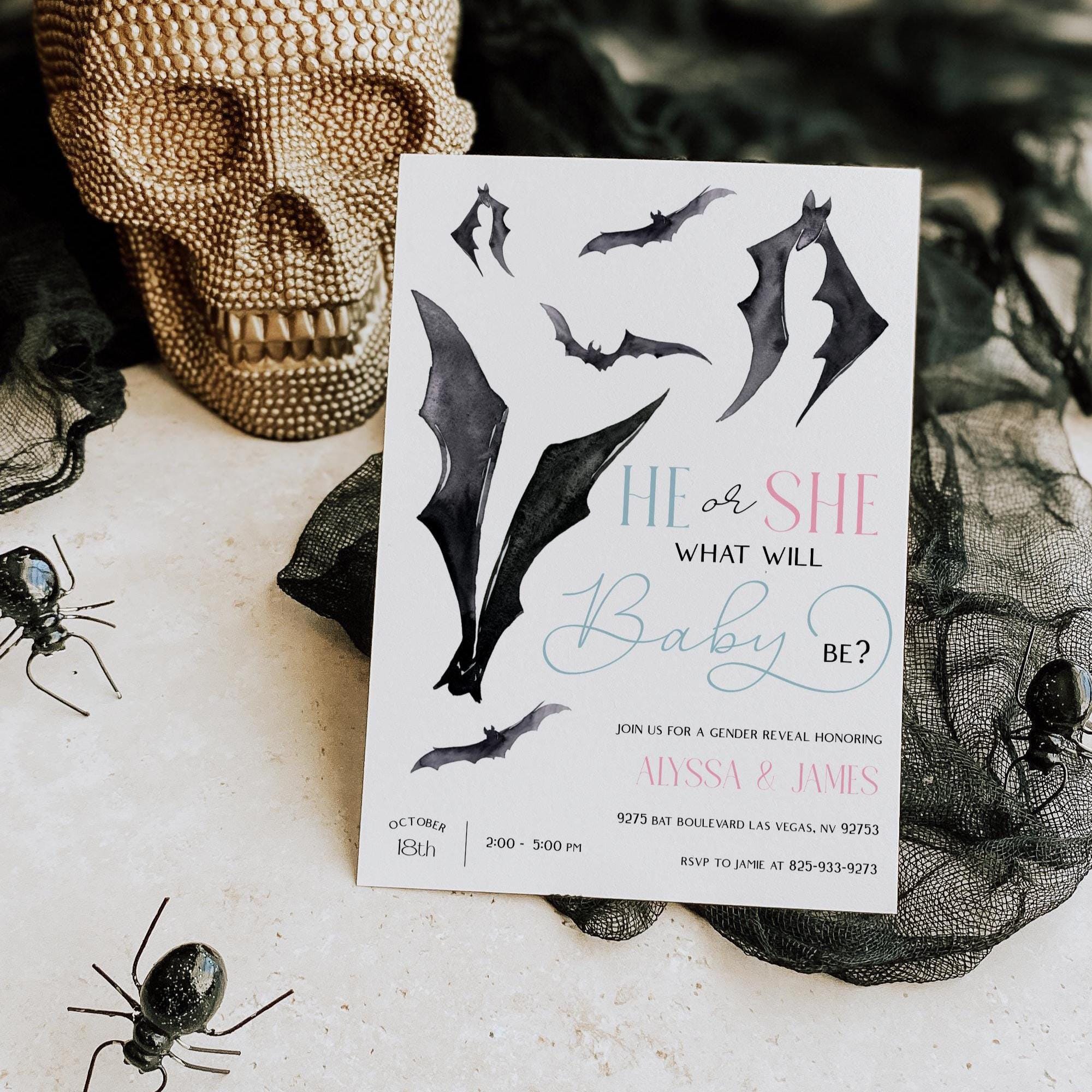 Minimalist Bat Gender Reveal Invitation, Gothic Black and White Gender ...