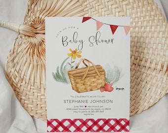 Inbjudan till picknick-babyshower, picknick i parken-inbjudan, utskrivbar babyshowerinbjudan med röd ginghammönster 2586