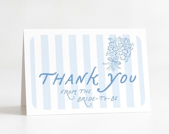 Blue Bouquet Bridal Shower Thank You Card with Stripes, Minimalist Bridal Shower Stationery, Printed Set of 12 Note Cards and Envelopes 3006