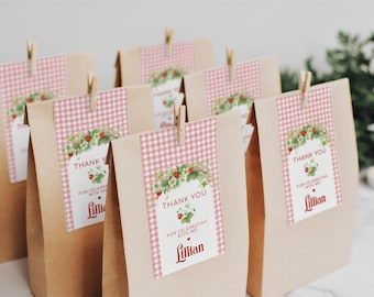 Gingham and Strawberry Birthday Party Thank You Tags, Birthday Party Gift Tags with Strawberries, 2585