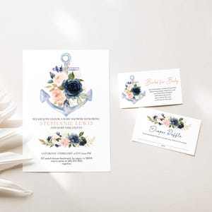 Nautical Baby Shower Invitation Set, Floral Anchor Baby Shower Editable Invite, Book Request and Diaper Raffle Included, 101