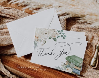 Book Baby Shower Thank You Card, Greenery Books Baby Shower Notecard, Instant Download - Print today, 2561
