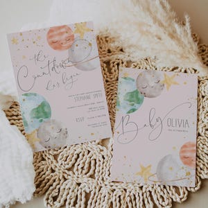 Weltraum-Babyparty-Einladung, Mädchen-Weltraum-Babyparty-Einladung, Galaxy bearbeitbare druckbare digitale Vorlage, Rosa und Gold 2550