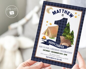Editable Camping Birthday Invitation, one happy camper first birthday Invite, Lumberjack, Navy Buffalo Plaid, 1st Birthday 2129