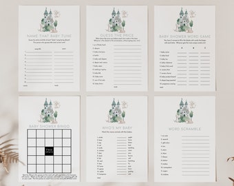 May include: A set of printable baby shower game cards featuring a watercolor illustration of a castle with a green and blue color scheme. The games include "Name That Baby Tune", "Guess the Price", "Baby Shower Word Game", "Baby Shower Bingo", "Who's My Baby", and "Word Scramble".