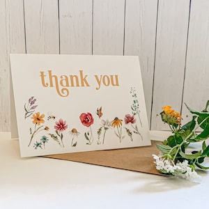 Wildflower Thank You Card, Birthday or Baby Shower Thank You Card, Watercolor Floral Stationery, Printed Set of 12 with Envelopes 2543