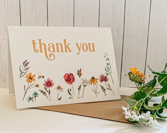 Wildflower Thank You Card, Birthday or Baby Shower Thank You Card, Watercolor Floral Stationery, Printed Set of 12 with Envelopes 2543