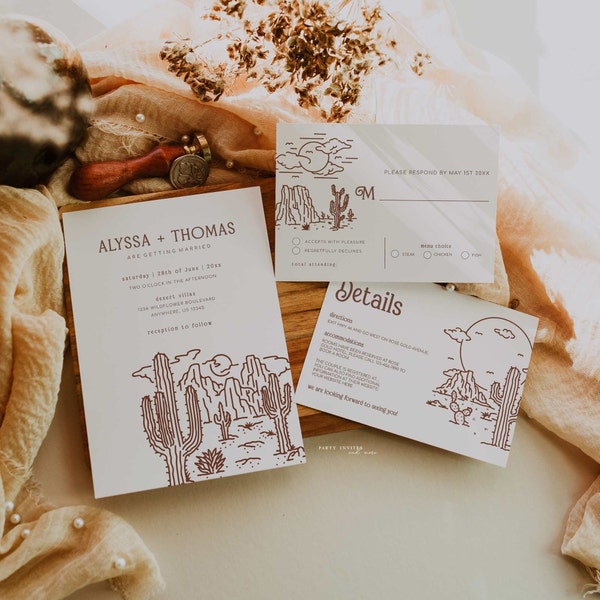 Desert Landscape Wedding Invitation Set | Cactus Wedding Invitation Bundle | Editable Modern Southwestern Wedding Bundle | 2607