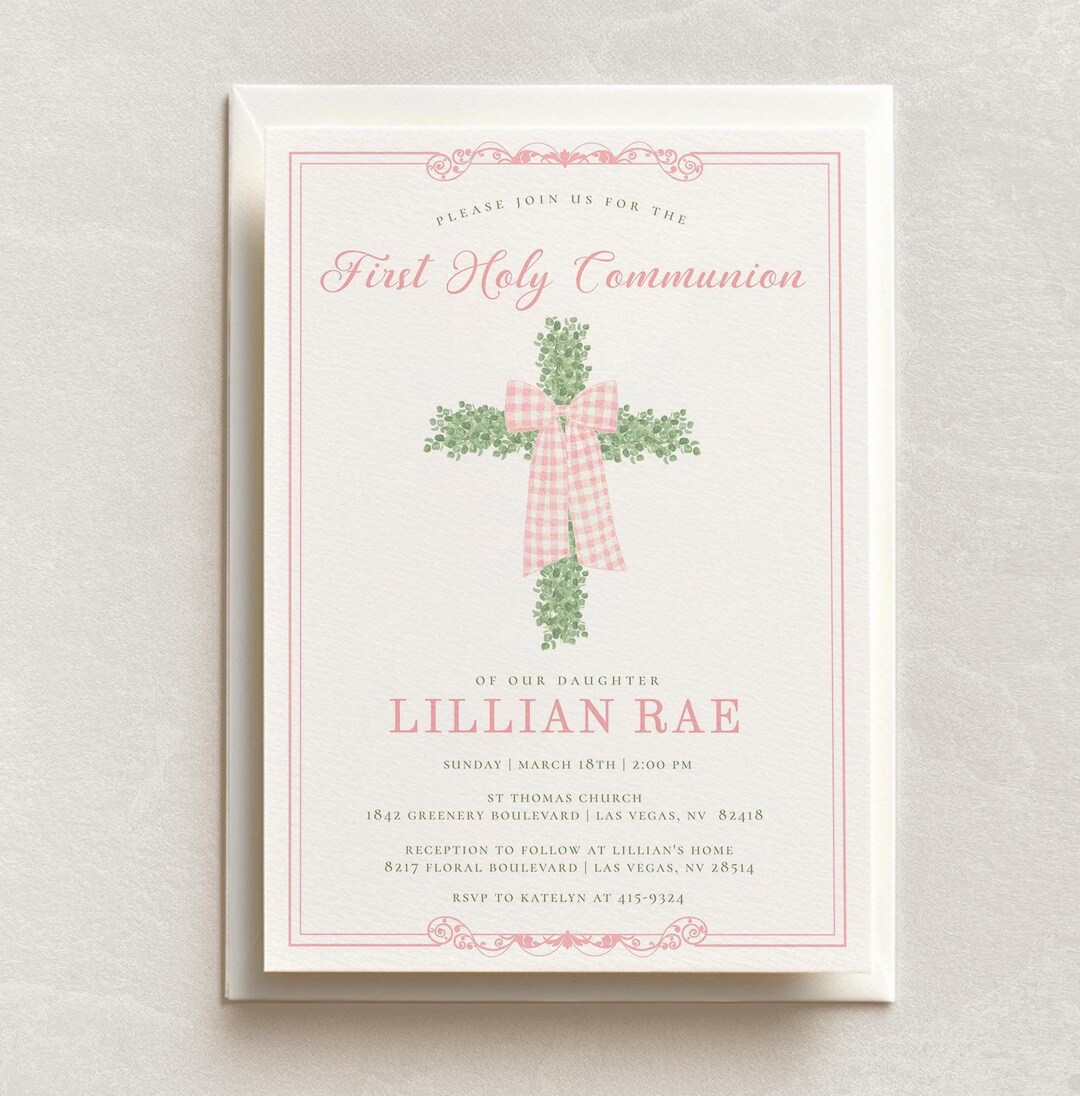 Printed Pink Gingham Bow and Greenery First Holy Communion Invitation ...