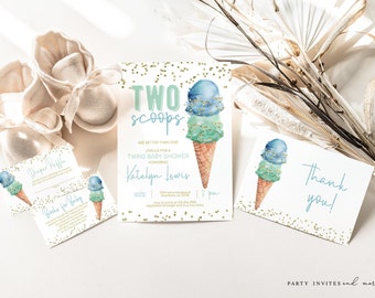 Boy Twins Ice Cream Baby Shower Invitation Bundle, Baby Boy Ice Cream Shower Invite, Diaper Raffle, Book Request, Thank You Card 2521