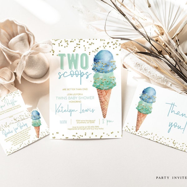 Boy Twins Ice Cream Baby Shower Invitation Bundle, Baby Boy Ice Cream Shower Invite, Diaper Raffle, Book Request, Thank You Card 2521