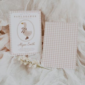 Beige Gingham and Goose Baby Shower Invitation, Gender Neutral Baby Shower Invite, 2810