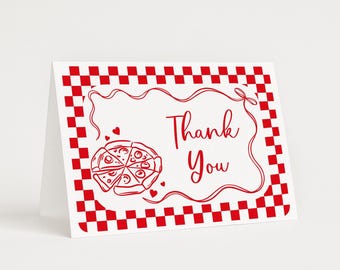 Pizza Party Thank You Card with Bow Frame, Hand Drawn Pizza Themed Stationery, Printed Set of 12 Notecards w/ Envelopes 2840