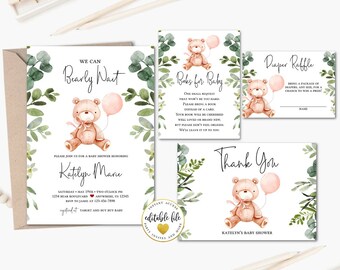 Editable Teddy Bear Baby Shower Invitation Bundle, Girl Bear Invitation, Greenery, Balloons, Diaper Raffle, Book Request, Suite 2147