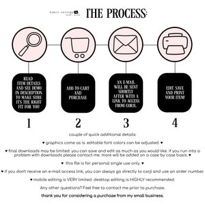 May include: A four-step process for purchasing digital products is illustrated with icons. The steps are: Read Item Details, Add to Cart and Purchase, An Email Will Be Sent Shortly After With a Link to Access From Corjl, Edit, Save and Print Your Item!  The text "couple of quick additional details" is below the steps.  The text "graphics come as is. editable font colors can be adjusted." is below the additional details.  The text "final downloads may be limited. you can save and edit as much as you would like. if you run into a problem with downloads please contact me. more will be added on a case by case basis." is below the previous text.  The text "this file is for personal single use only." is below the previous text.  The text "if you don't receive an e-mail access link, you can always go directly to corjl and use an order number." is below the previous text.  The text "mobile editing is VERY limited. desktop editing is HIGHLY recommended." is below the previous text.  The text "Any other questions? Feel free to contact me prior to purchase." is below the previous text.  The text "thank you for considering a purchase from my small business." is below the previous text.