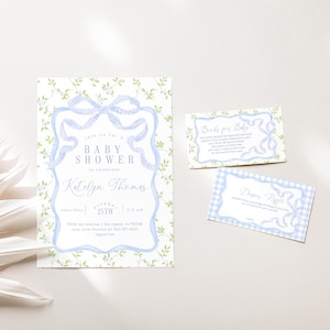 Blue Bow Baby Shower Invitation Set, Gingham and Floral Ribbon Boy Baby Shower Invite, 2738