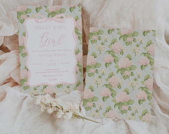 May include: A pink and white baby shower invitation with a floral pattern on the back. The invitation reads "Sweet Baby Girl" and includes the name "Alyssa Jones" and the date "September 2019".