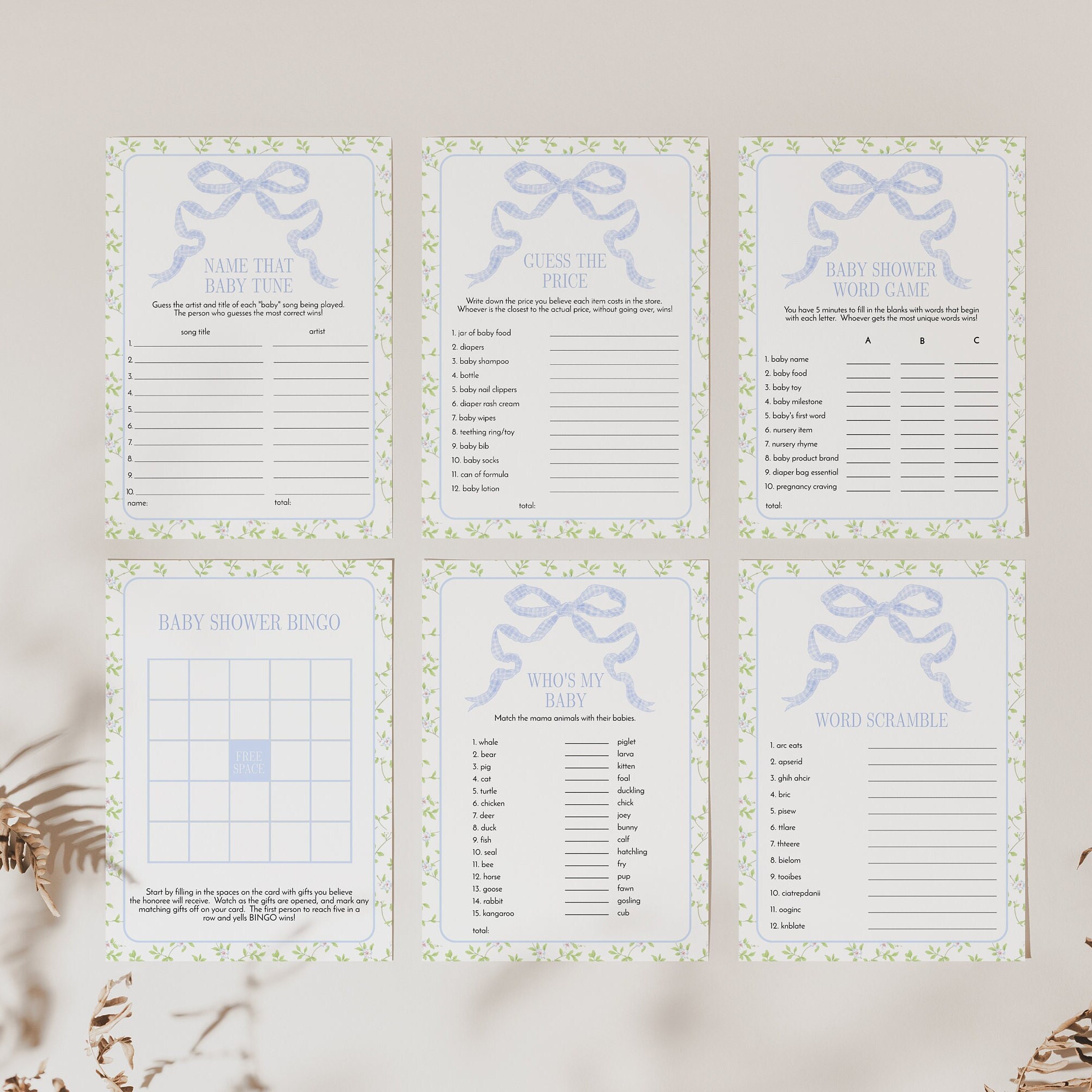 Blue Bow Baby Shower Game Bundle, Printable Floral Ribbon Boy Baby Shower Games, 2739