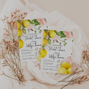 Lemon Bridal Shower Invitation, Editable Lemon Bridal Shower Invite, Lemons, Pink Floral, Instant Download, 2037