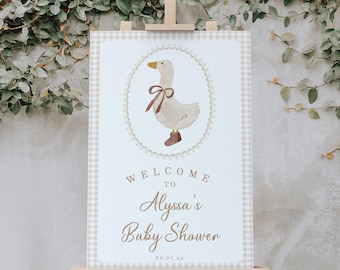 Beige Gingham and Goose Baby Shower Welcome Sign, Gender Neutral Baby Shower Sign, 2810