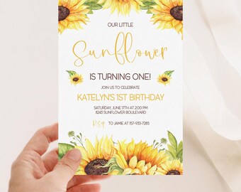 Sunflower Birthday Invitation, Girl Sunflower Birthday Party Invite, First Birthday Invitation 2577
