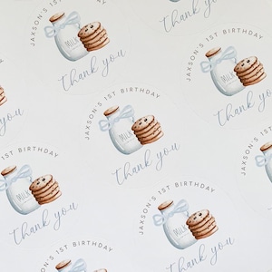 Milk and Cookies Birthday Party Favor Stickers, Blue Milk and Cookies Birthday Circle Treat Bag Labels, Printed Thank You Stickers, 2742