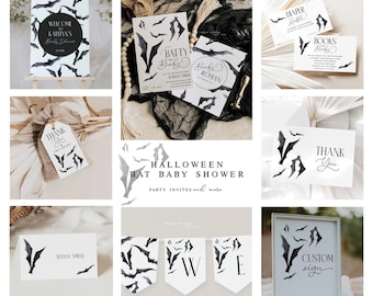Halloween vleermuizen babyshower uitnodigingsset, bewerkbare zwart-wit gotische Halloween babyshower minibundel, minimalistisch 2600