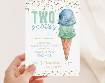 Boy Ice Cream Birthday Invitation, Twins Birthday Invite, Ice Cream Party, Blue and Mint Ice Cream Party Invitation, Editable Invite 2521