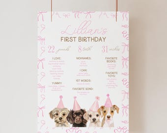 Mijlpaalbord eerste verjaardagsfeestje puppy met roze strikken, mijlpaalposter verjaardagsfeestje hond, 2751