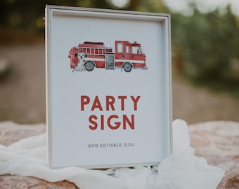 May include: A white framed sign with a red fire truck and a dog illustration. The sign says "Party Sign" and "8x10 Editable Sign".