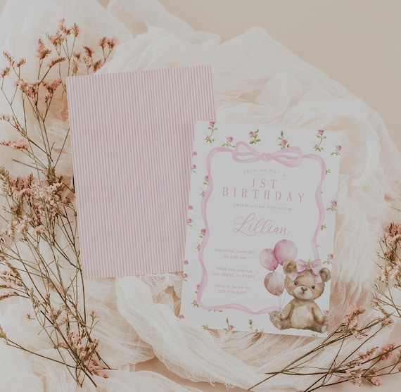 Pink Bow and Teddy Bear First Birthday Invitation with Balloons, Pink Flowers and Teddy Bear Invite, 2748