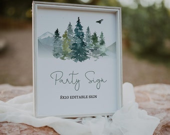 Adventure Baby Shower Sign, Watercolor Forest Greenery (Editable, Digital Download), 139