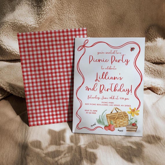 Picnic Birthday Invitation Girl, Red Gingham and Bow Frame, Summer Birthday Party Invite, Picnic in the Park, 2832