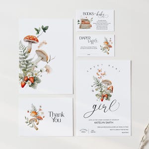 Editable Mushroom and Strawberry Baby Shower Invitation Bundle, Mushrooms and Strawberries Invite, Wildflower and Mushrooms Invitation 2601