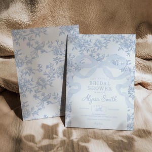Faire-part de douche nuptiale bleu clair avec noeud et toile, Faire-part de douche nuptiale floral avec noeud, 2770