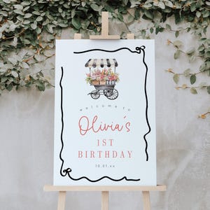 Blumenmarkt-Geburtstagsfeier Willkommensschild, bearbeitbares Blumenmarkt-Babypartyschild mit Blumenwagen, 2820