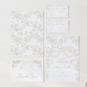 Ensemble de faire-part de fête prénatale neutre en matière de genre avec noeud et toile, Faire-part de fête de naissance floral avec noeud, 2772