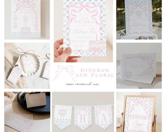 Pink Bow First Birthday Invitation Bundle, Editable Gingham Cake and Flowers First Birthday Party Set 2738