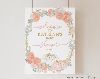 Pumpkin Baby Shower Welcome Sign, Pink Floral Welcome Sign, Baby Shower Sign, Florals, Fall,  Instant Download - Print today! 2054
