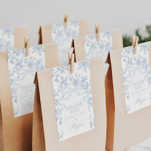 Light Blue Bow and Floral Baby Shower Thank You Tags, Toile Baby Shower Favor Tags, 2770