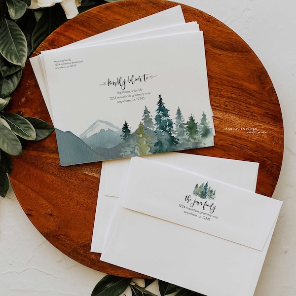 Adventure Envelope Template, Printable Envelope Address Template with Forest Greenery and Mountains, Custom Envelopes 139